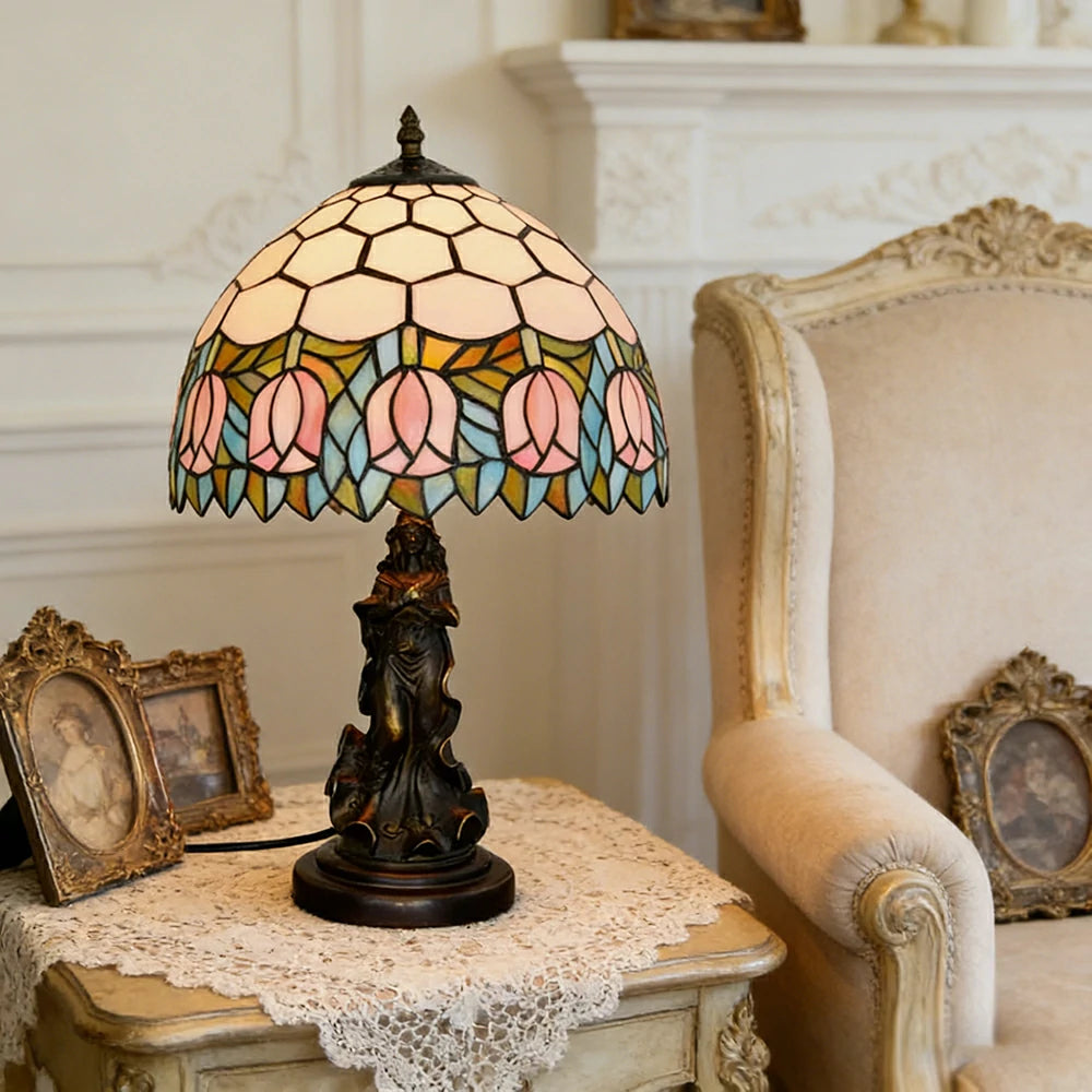 LIVARA European Vintage Pink Tulip Stained Glass Table Lamp Sculpture Base Handcrafted Artistic Design Suitable for Bedroom Living Room Bedside