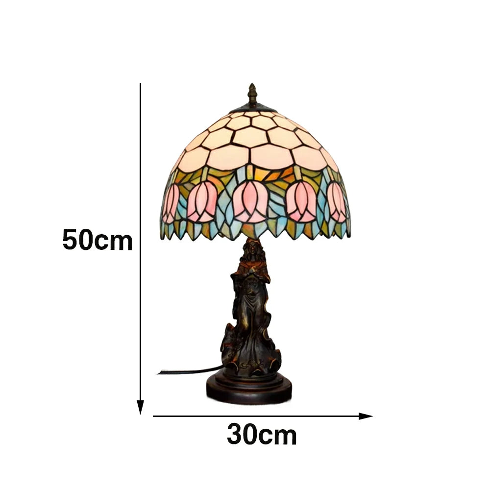 LIVARA European Vintage Pink Tulip Stained Glass Table Lamp Sculpture Base Handcrafted Artistic Design Suitable for Bedroom Living Room Bedside