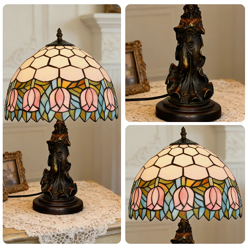 LIVARA European Vintage Pink Tulip Stained Glass Table Lamp Sculpture Base Handcrafted Artistic Design Suitable for Bedroom Living Room Bedside