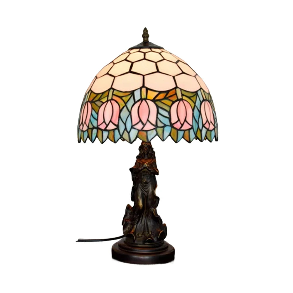 LIVARA European Vintage Pink Tulip Stained Glass Table Lamp Sculpture Base Handcrafted Artistic Design Suitable for Bedroom Living Room Bedside
