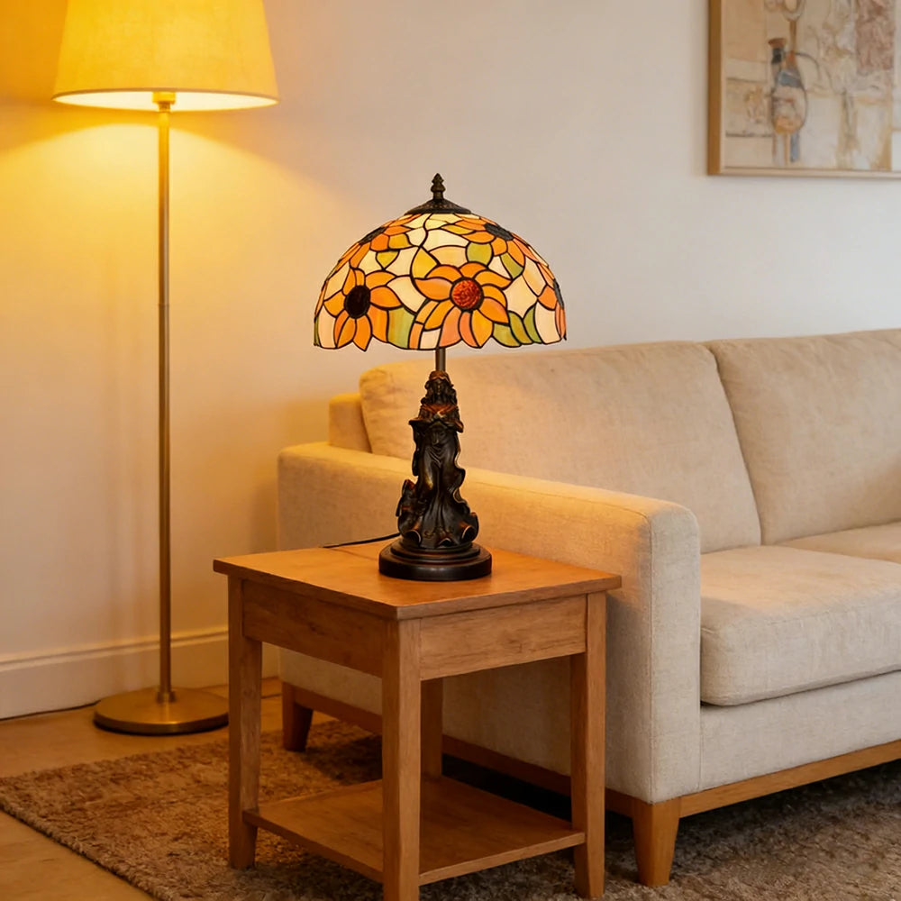 LIVARA European Vintage Sunflower Style Stained Glass Table Lamp Sculpture Base Handcrafted Artistic Design Suitable for Bedroom Living Room Bedside