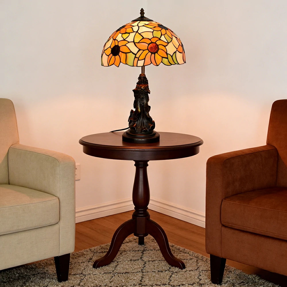 LIVARA European Vintage Sunflower Style Stained Glass Table Lamp Sculpture Base Handcrafted Artistic Design Suitable for Bedroom Living Room Bedside