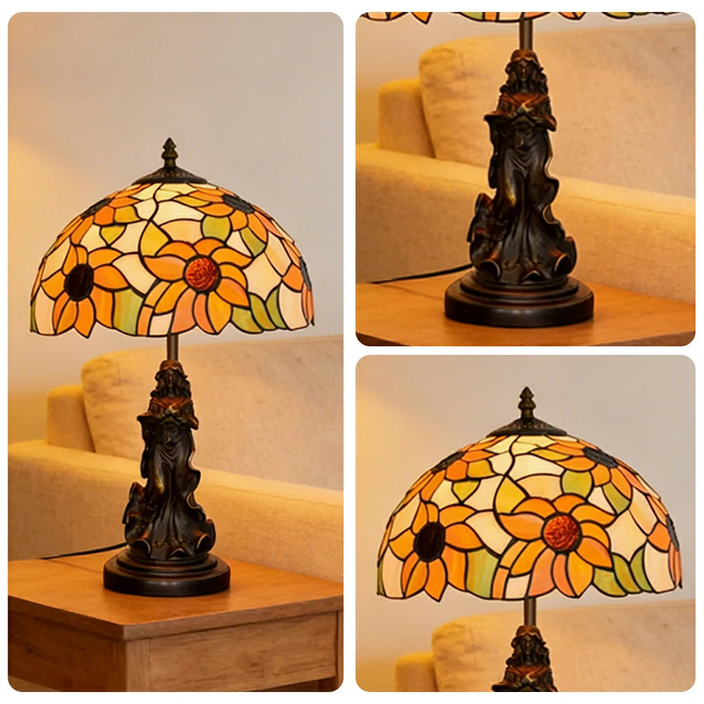 LIVARA European Vintage Sunflower Style Stained Glass Table Lamp Sculpture Base Handcrafted Artistic Design Suitable for Bedroom Living Room Bedside