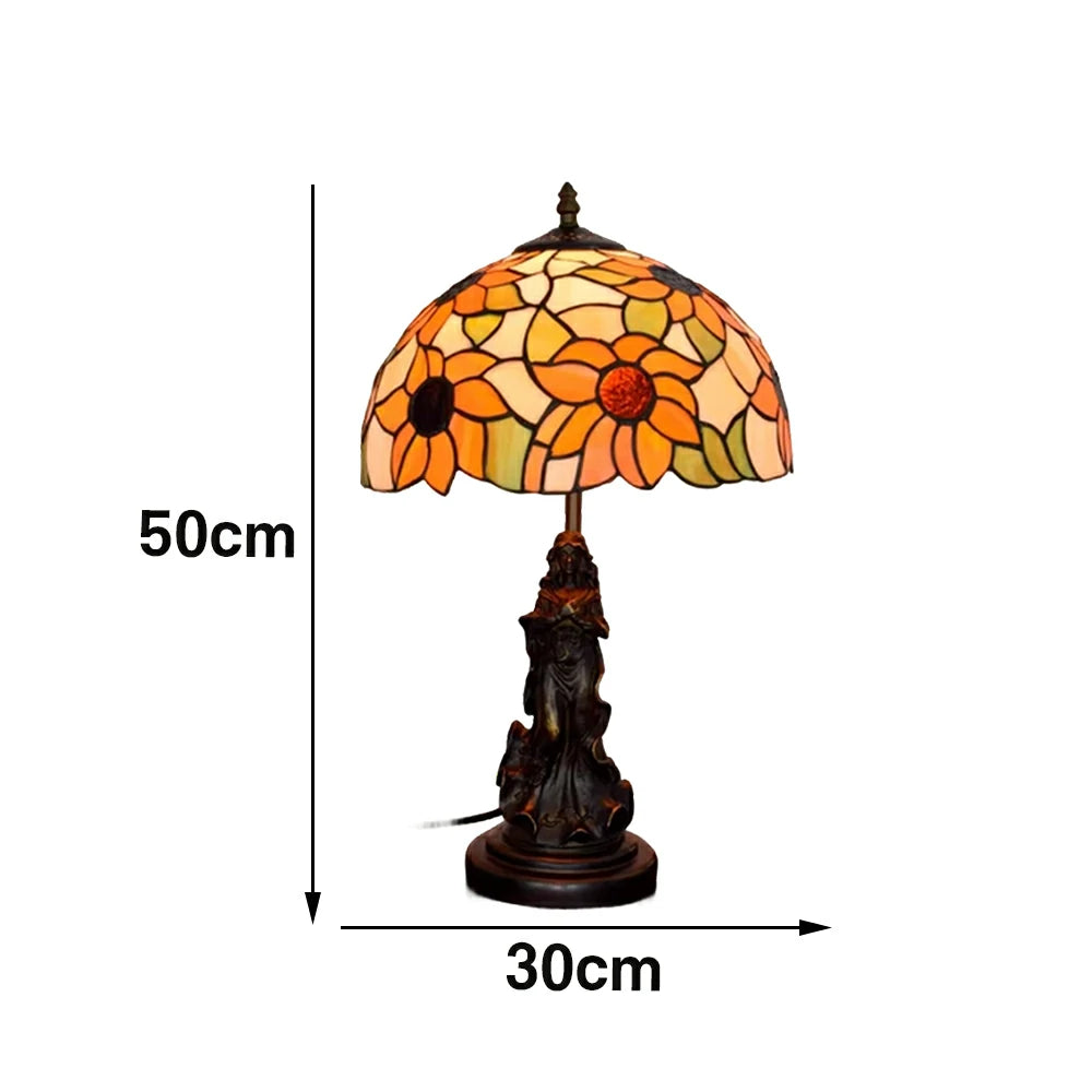 LIVARA European Vintage Sunflower Style Stained Glass Table Lamp Sculpture Base Handcrafted Artistic Design Suitable for Bedroom Living Room Bedside