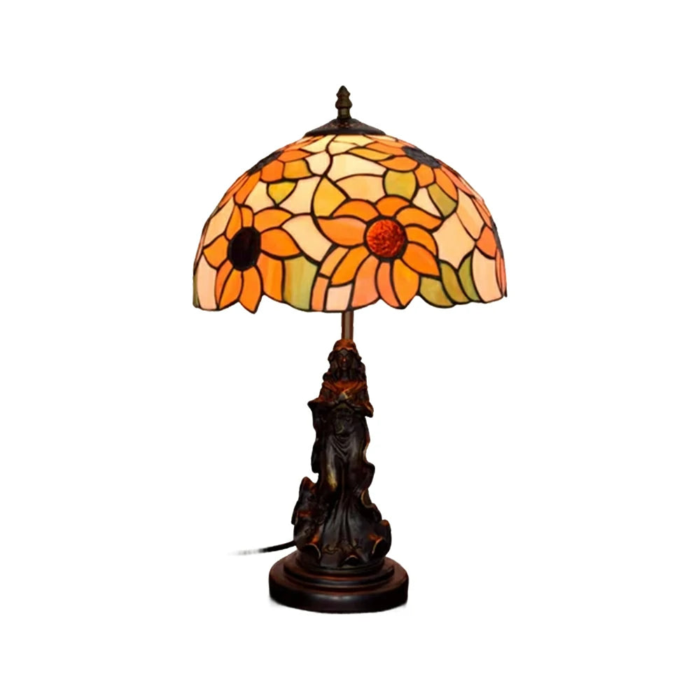 LIVARA European Vintage Sunflower Style Stained Glass Table Lamp Sculpture Base Handcrafted Artistic Design Suitable for Bedroom Living Room Bedside