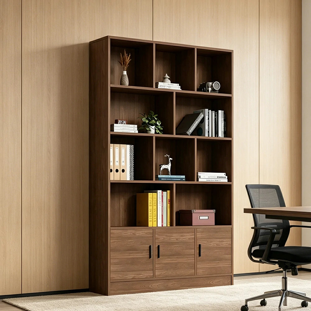 LIVARA 3-Door Open Storage Cabinet with Shelves for Office Study Room - Wood
