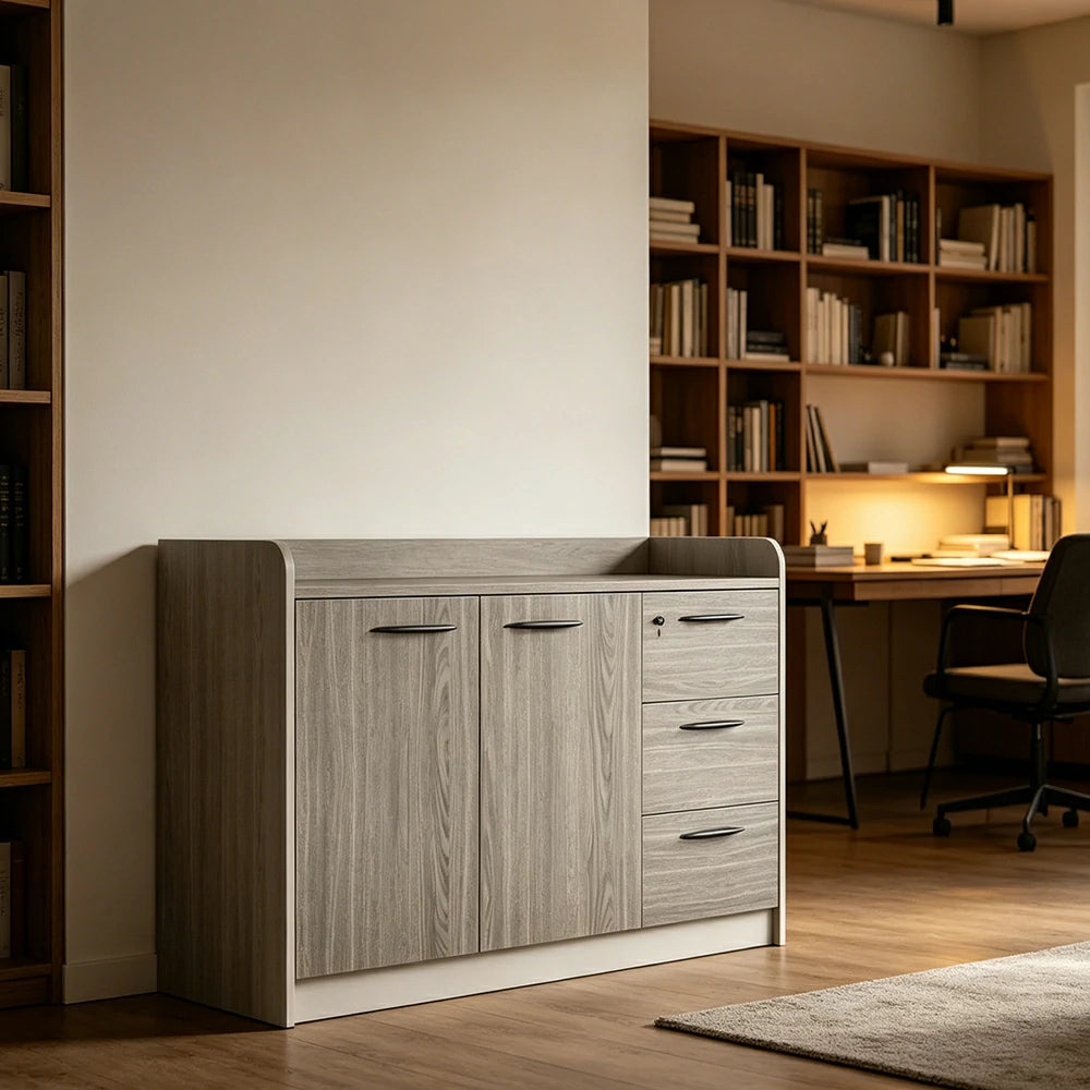LIVARA 2-Door 3-Drawer Office Storage Cabinet with Shelves - Khaki Wenge