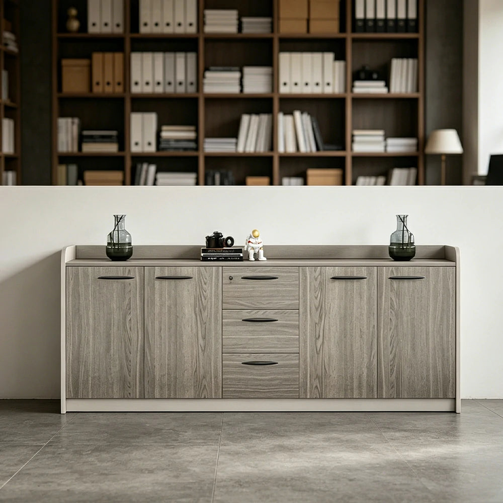 LIVARA 4-Door 3-Drawer Office Storage Cabinet with Shelves - Khaki Wenge