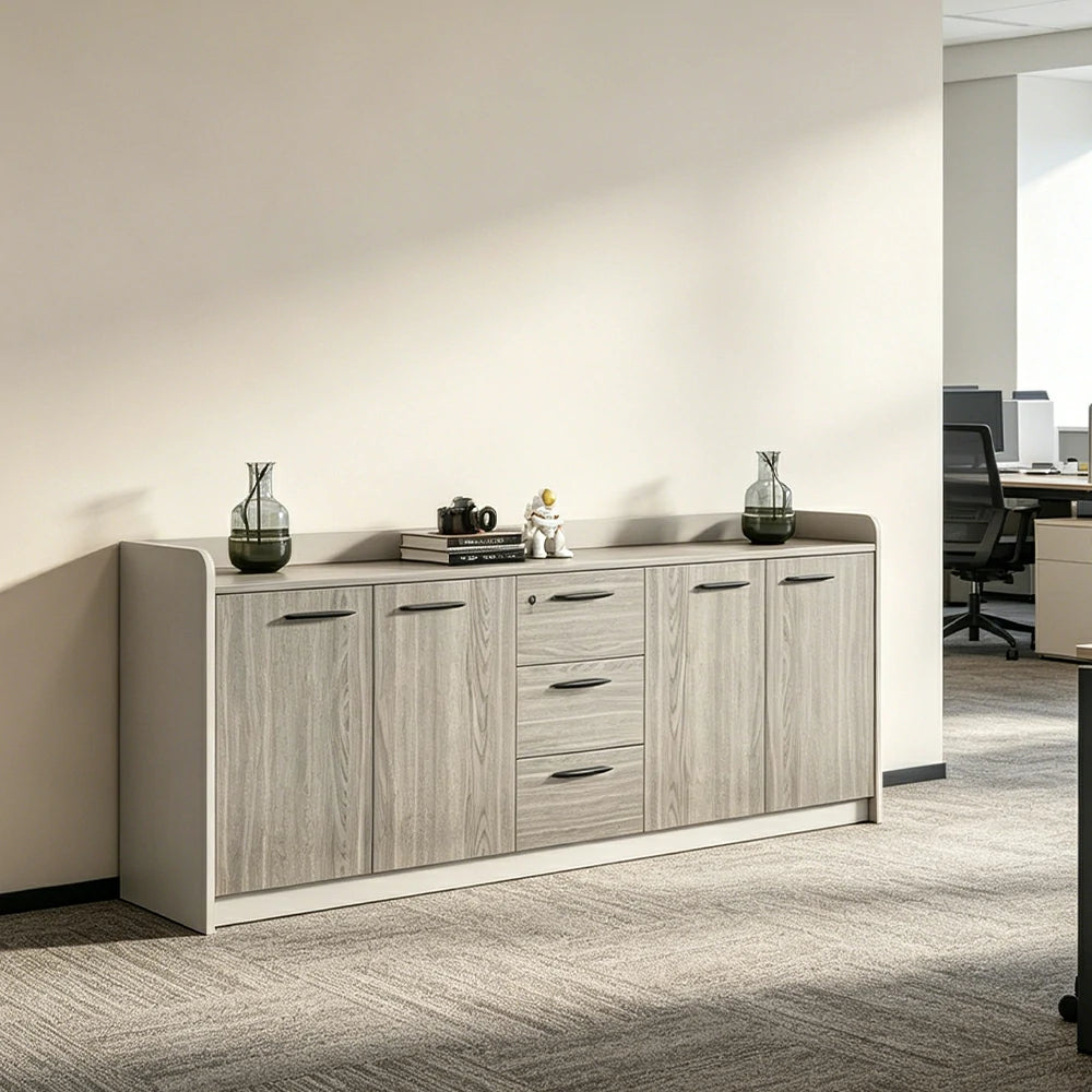 LIVARA 4-Door 3-Drawer Office Storage Cabinet with Shelves - Khaki Wenge