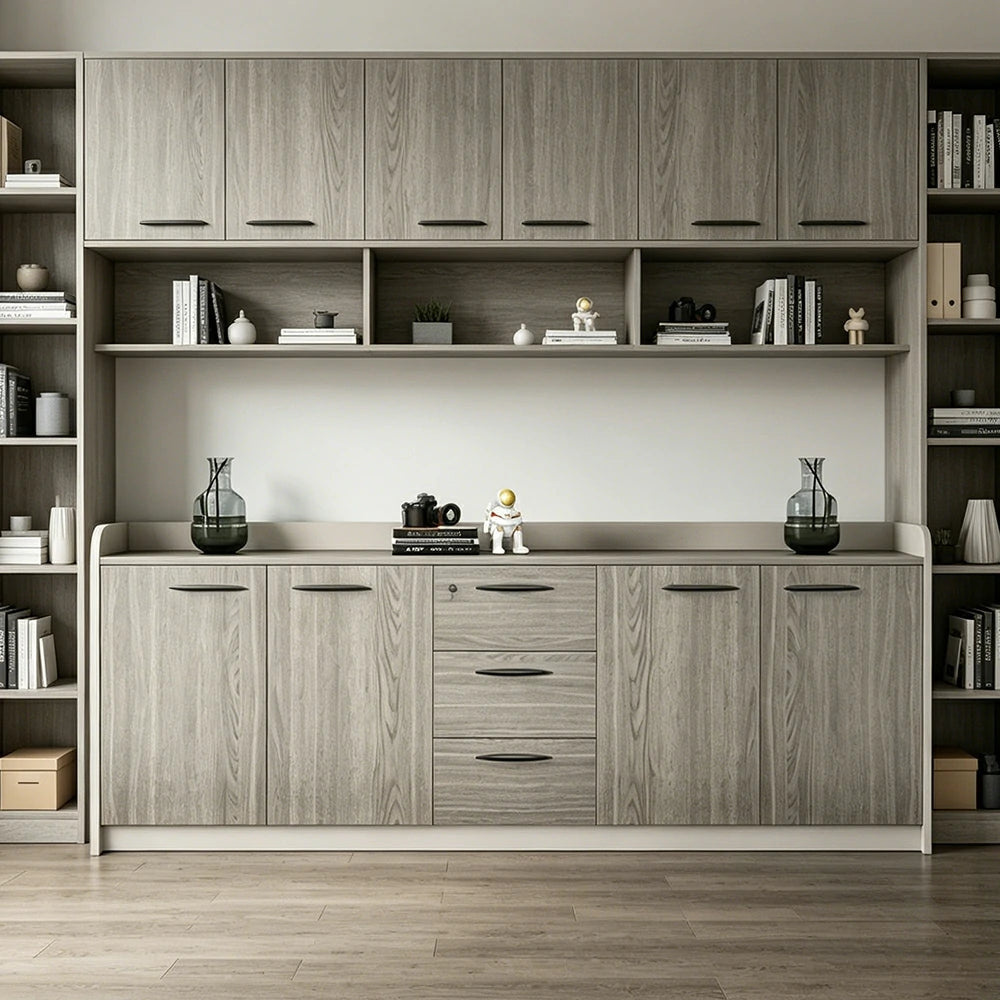 LIVARA 4-Door 3-Drawer Office Storage Cabinet with Shelves - Khaki Wenge