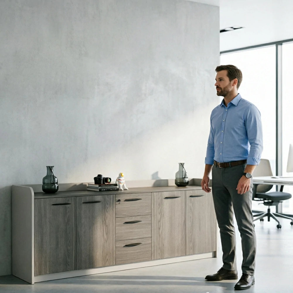 LIVARA 4-Door 3-Drawer Office Storage Cabinet with Shelves - Khaki Wenge