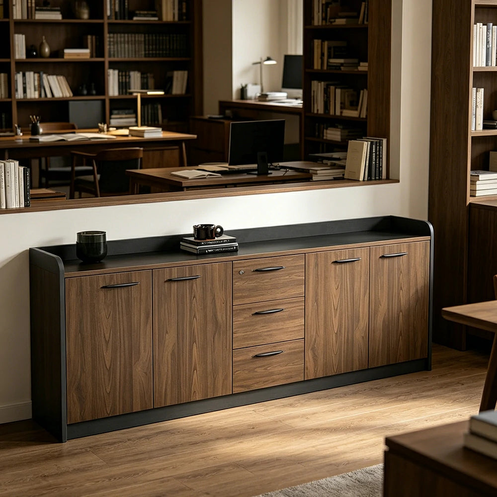 LIVARA 4-Door 3-Drawer Office Storage Cabinet with Shelves - Brown