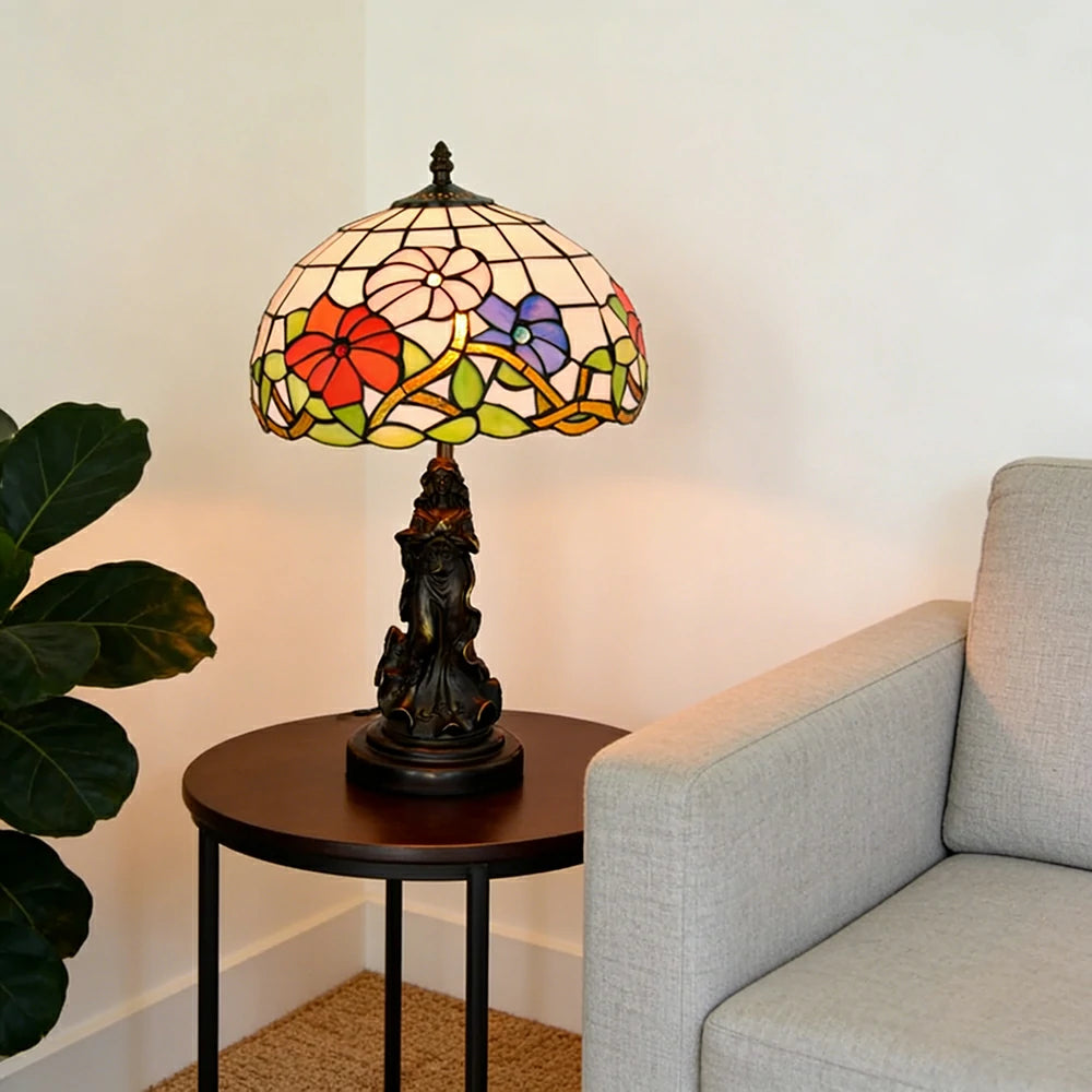LIVARA European Vintage Morning Glory Style Stained Glass Table Lamp Sculpture Base Handcrafted Artistic Design Suitable for Bedroom Living Room Bedside