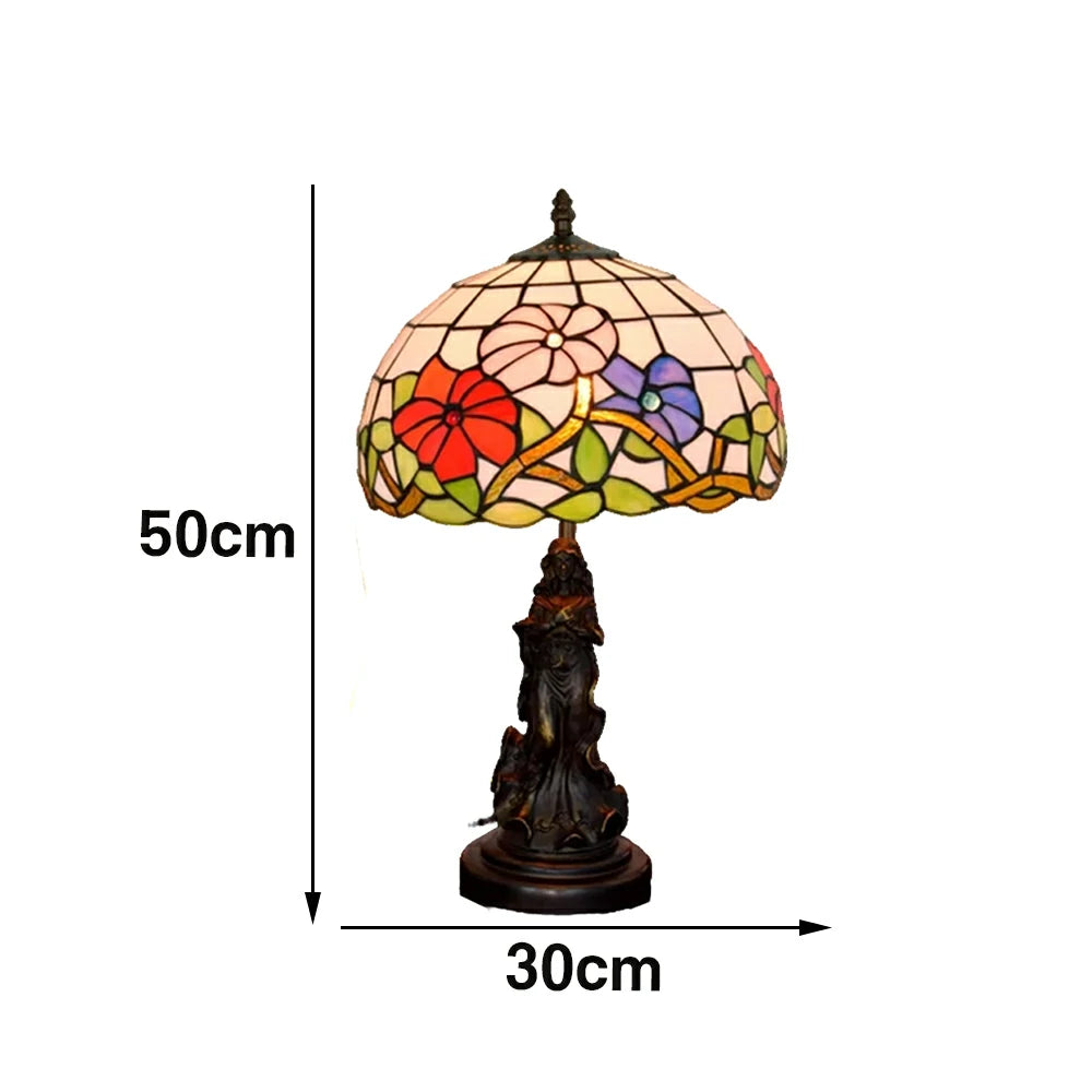 LIVARA European Vintage Morning Glory Style Stained Glass Table Lamp Sculpture Base Handcrafted Artistic Design Suitable for Bedroom Living Room Bedside