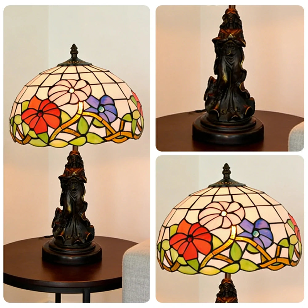 LIVARA European Vintage Morning Glory Style Stained Glass Table Lamp Sculpture Base Handcrafted Artistic Design Suitable for Bedroom Living Room Bedside