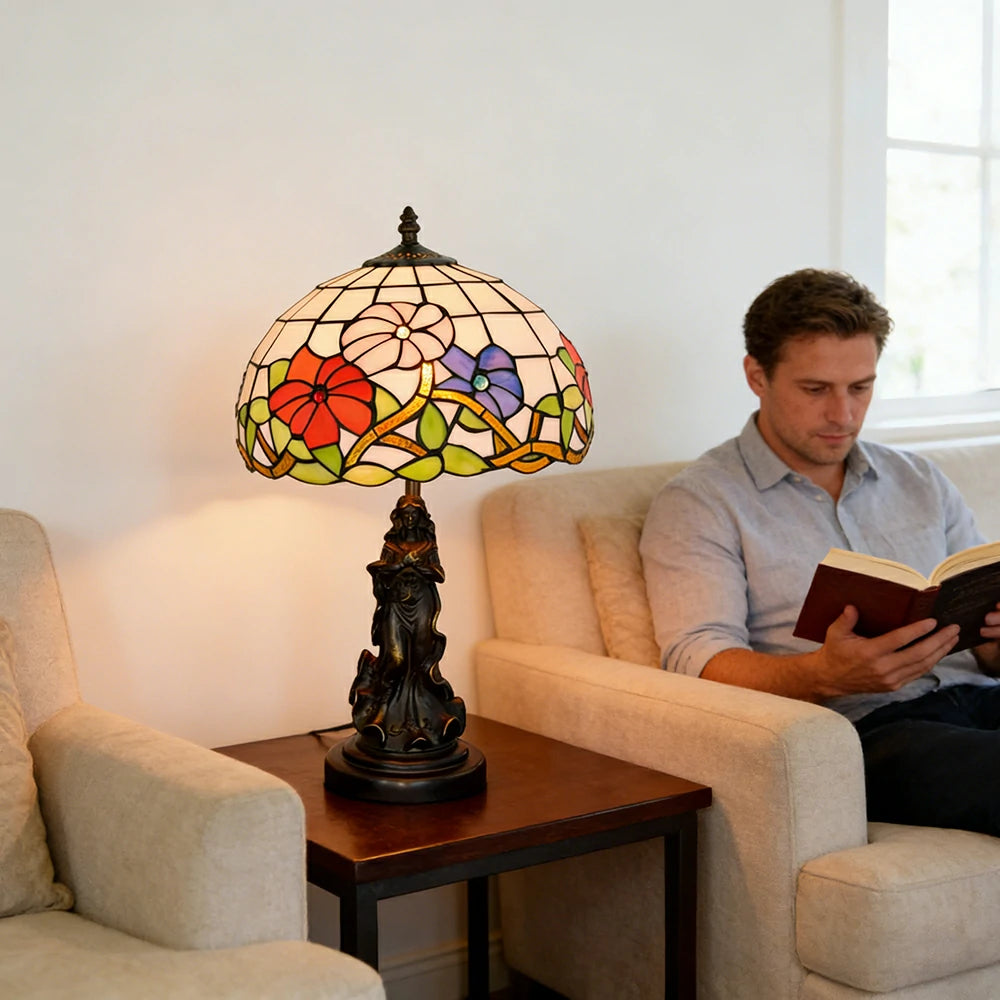 LIVARA European Vintage Morning Glory Style Stained Glass Table Lamp Sculpture Base Handcrafted Artistic Design Suitable for Bedroom Living Room Bedside