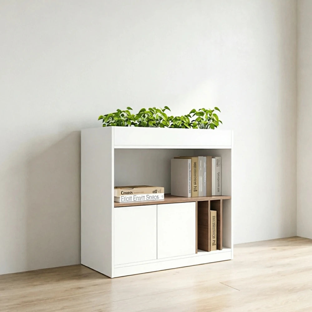 LIVARA Office Storage Cabinet - Planter Top Display Shelf with Doors for Study Room - White Oak