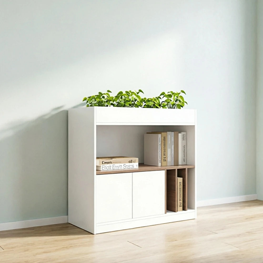 LIVARA Office Storage Cabinet - Planter Top Display Shelf with Doors for Study Room - White Oak