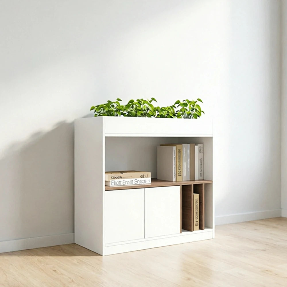 LIVARA Office Storage Cabinet - Planter Top Display Shelf with Doors for Study Room - White Oak