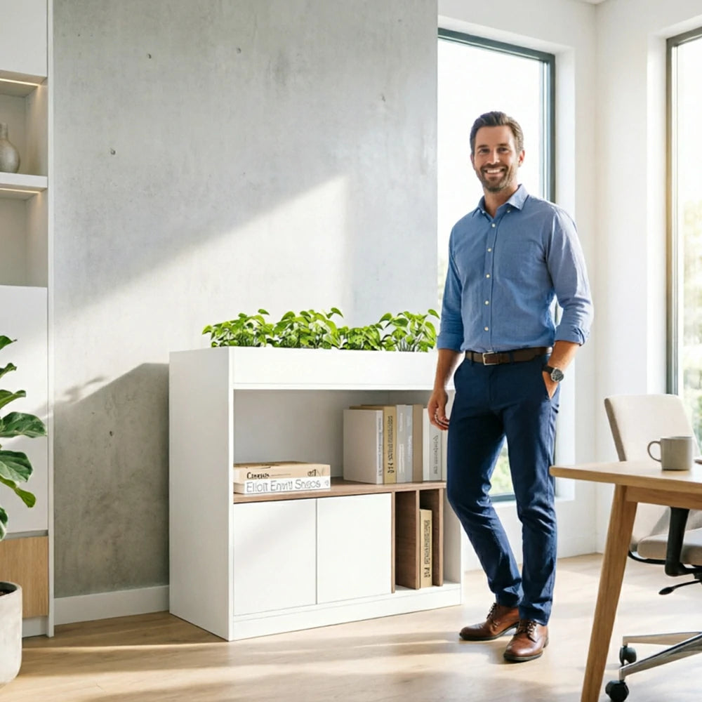 LIVARA Office Storage Cabinet - Planter Top Display Shelf with Doors for Study Room - White Oak