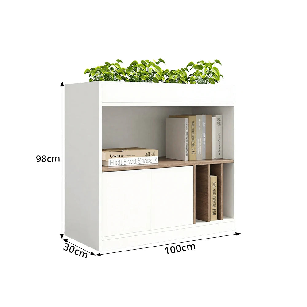 LIVARA Office Storage Cabinet - Planter Top Display Shelf with Doors for Study Room - White Oak