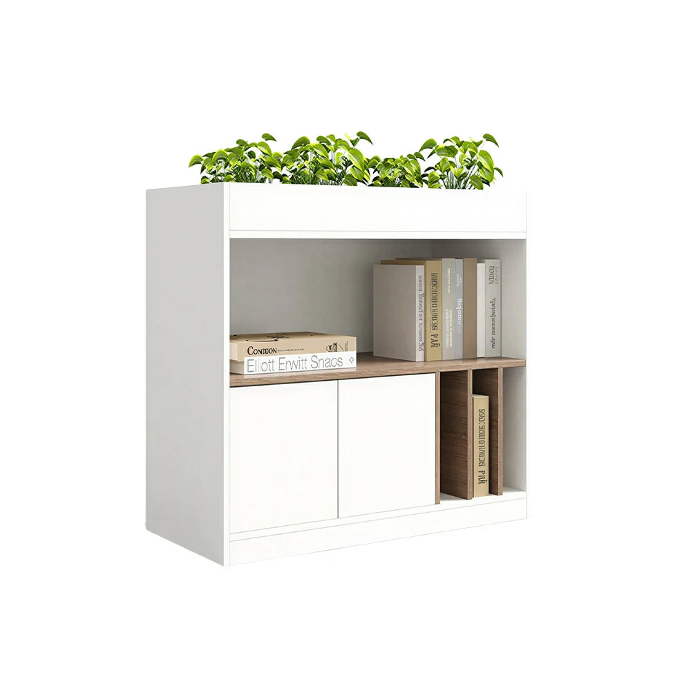 LIVARA Office Storage Cabinet - Planter Top Display Shelf with Doors for Study Room - White Oak