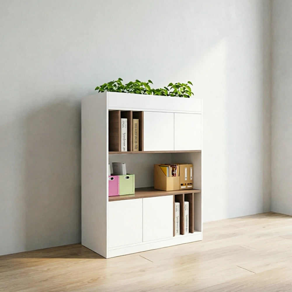LIVARA 3 Tier Single-Sided Office Storage Cabinet - Planter Top Display Shelf with Doors - White Oak
