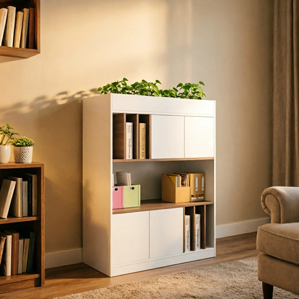 LIVARA 3 Tier Single-Sided Office Storage Cabinet - Planter Top Display Shelf with Doors - White Oak