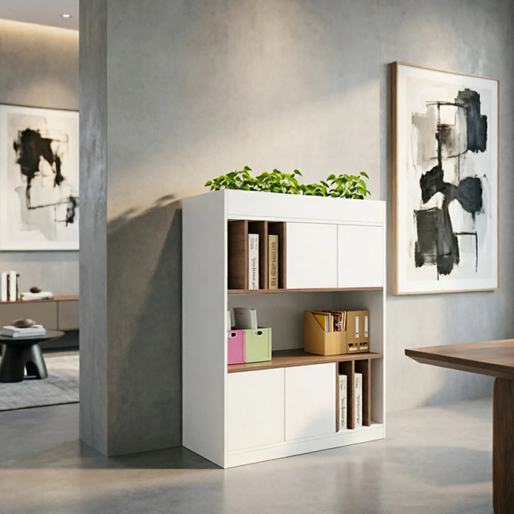LIVARA 3 Tier Single-Sided Office Storage Cabinet - Planter Top Display Shelf with Doors - White Oak