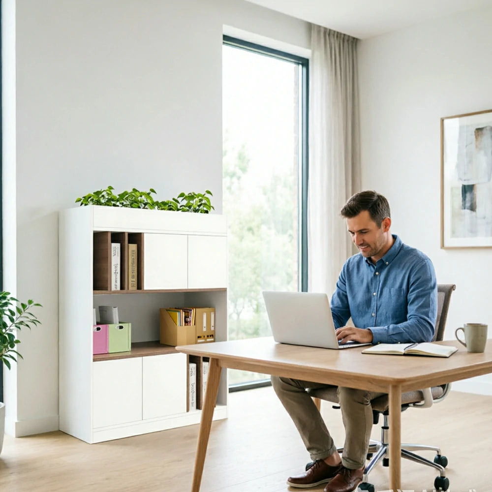LIVARA 3 Tier Single-Sided Office Storage Cabinet - Planter Top Display Shelf with Doors - White Oak