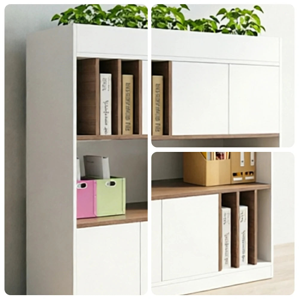 LIVARA 3 Tier Single-Sided Office Storage Cabinet - Planter Top Display Shelf with Doors - White Oak