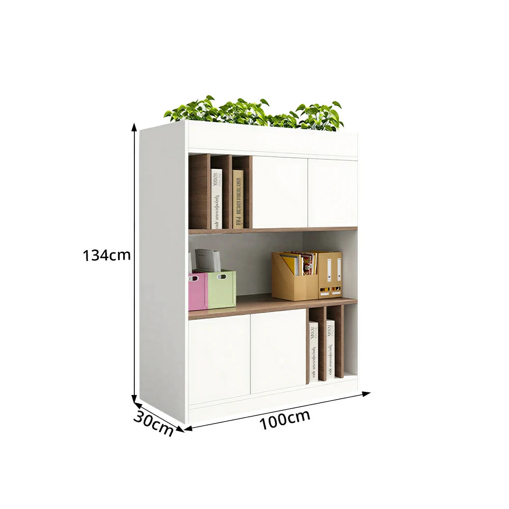 LIVARA 3 Tier Single-Sided Office Storage Cabinet - Planter Top Display Shelf with Doors - White Oak