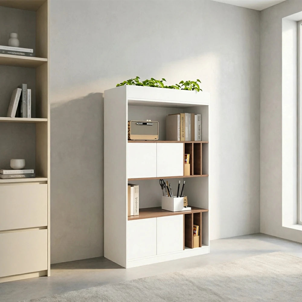 LIVARA 4 Tier Single-Sided Office Storage Cabinet - Planter Top Display Shelf with Doors - White Oak