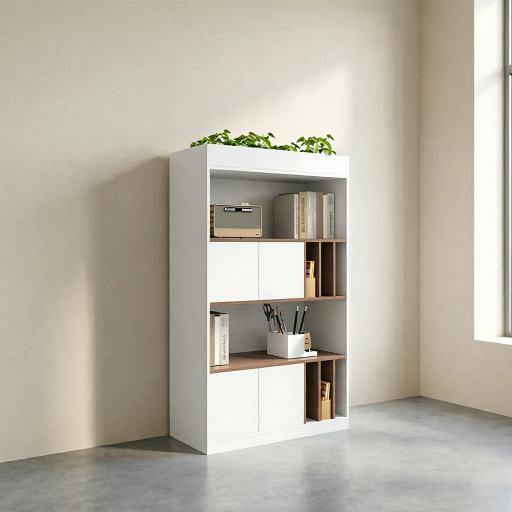 LIVARA 4 Tier Single-Sided Office Storage Cabinet - Planter Top Display Shelf with Doors - White Oak