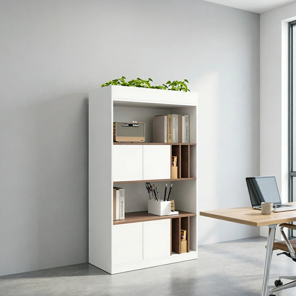 LIVARA 4 Tier Single-Sided Office Storage Cabinet - Planter Top Display Shelf with Doors - White Oak