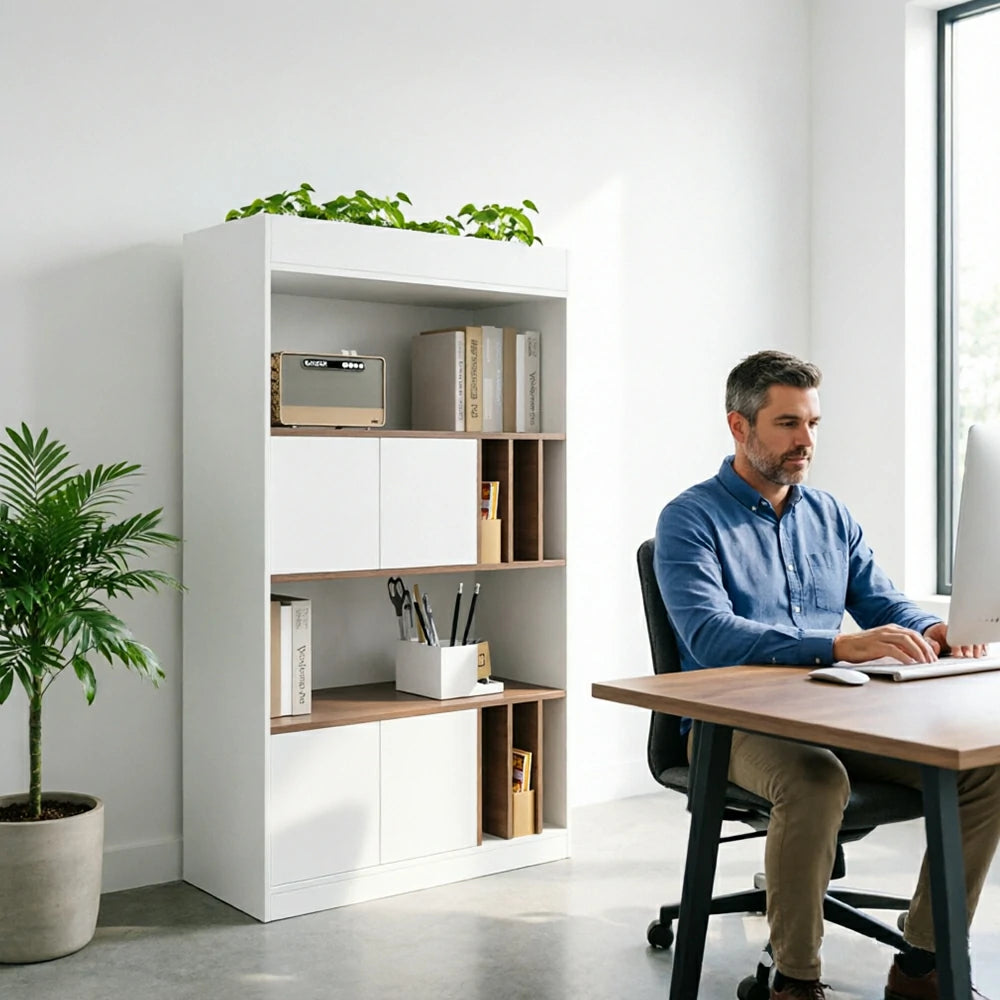 LIVARA 4 Tier Single-Sided Office Storage Cabinet - Planter Top Display Shelf with Doors - White Oak
