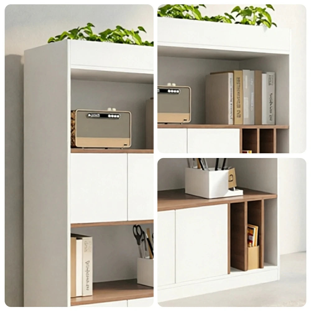 LIVARA 4 Tier Single-Sided Office Storage Cabinet - Planter Top Display Shelf with Doors - White Oak