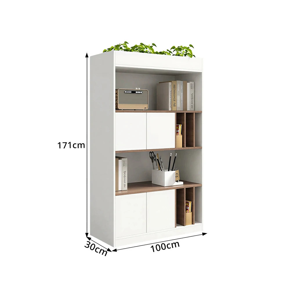 LIVARA 4 Tier Single-Sided Office Storage Cabinet - Planter Top Display Shelf with Doors - White Oak