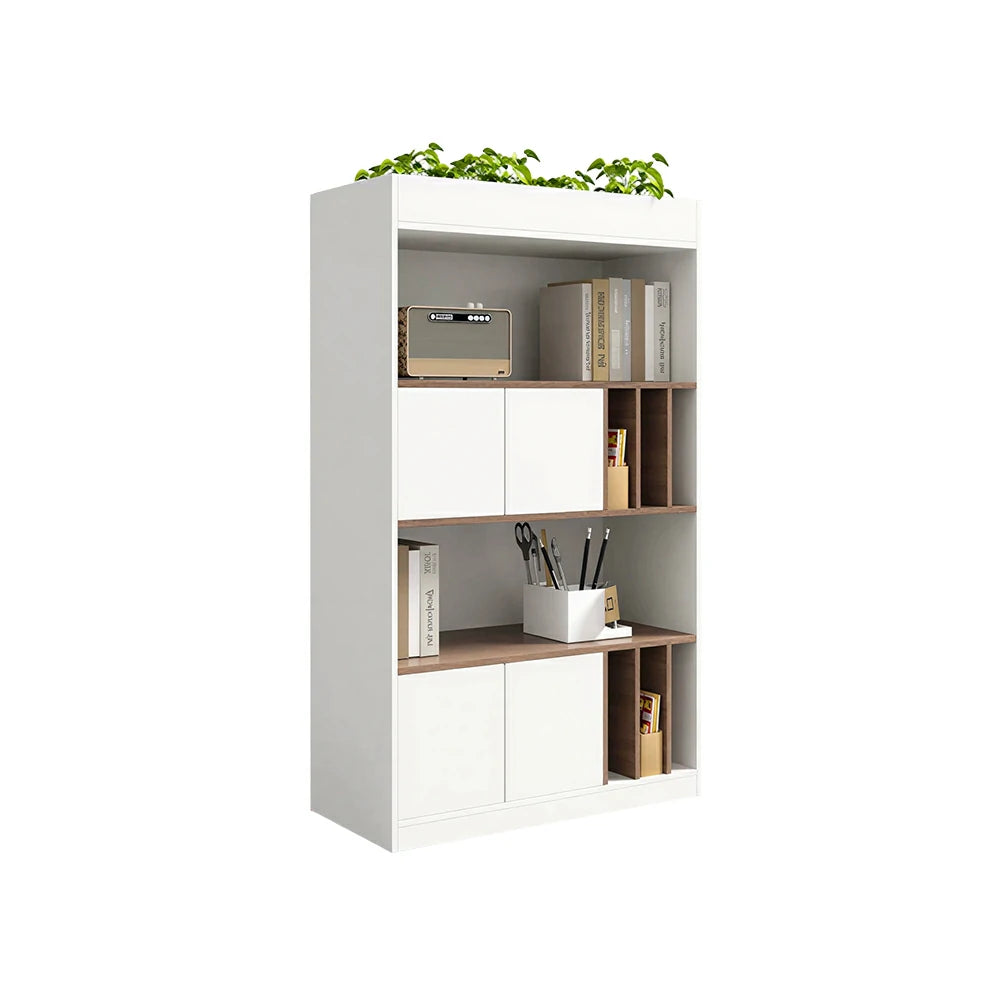 LIVARA 4 Tier Single-Sided Office Storage Cabinet - Planter Top Display Shelf with Doors - White Oak