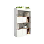 LIVARA 4 Tier Single-Sided Office Storage Cabinet - Planter Top Display Shelf with Doors - White Oak