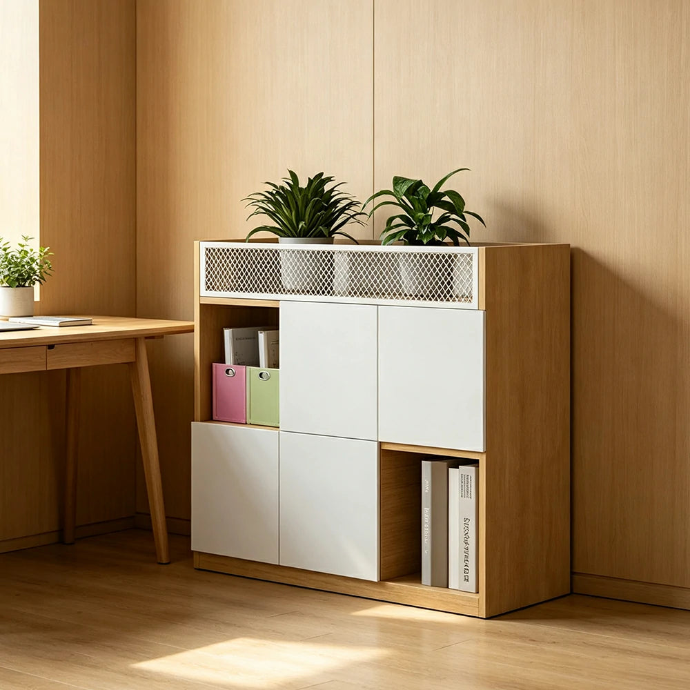 LIVARA Office Storage Cabinet - Planter Top Display Shelf with Lattice Panel - White Oak