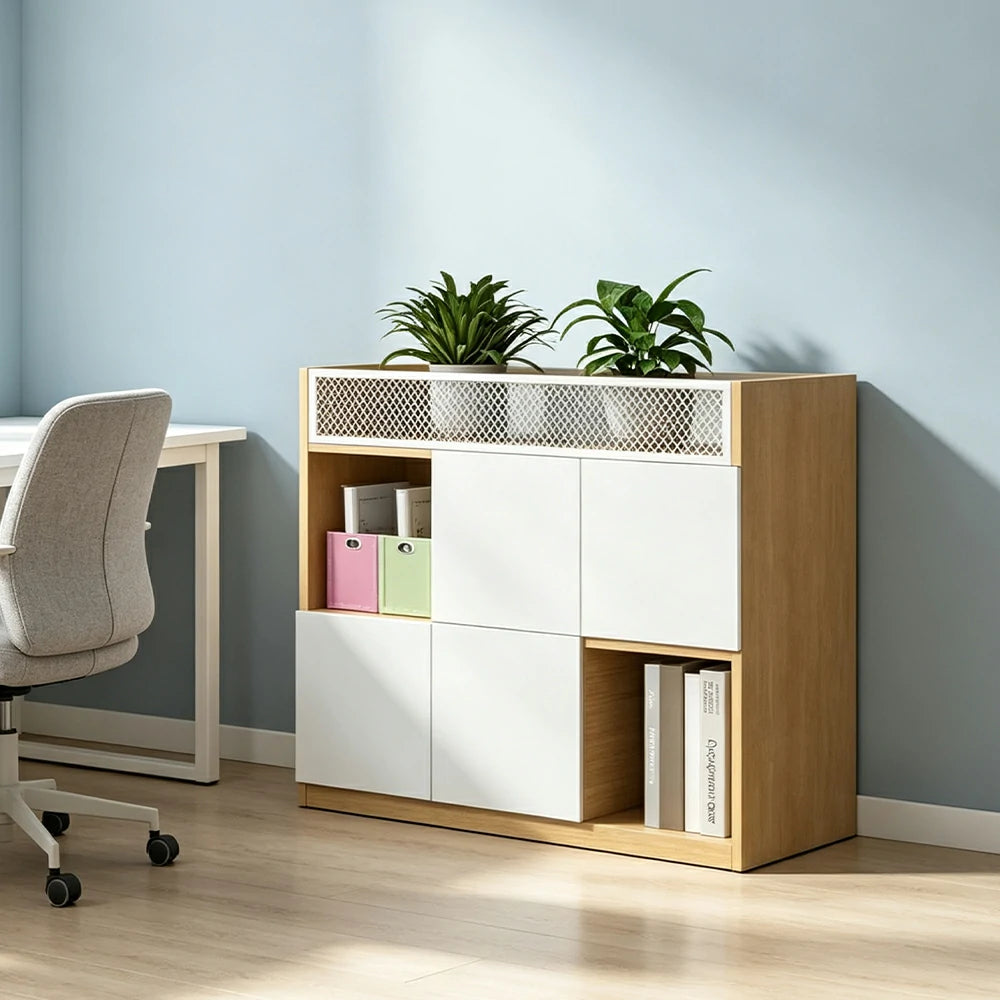 LIVARA Office Storage Cabinet - Planter Top Display Shelf with Lattice Panel - White Oak