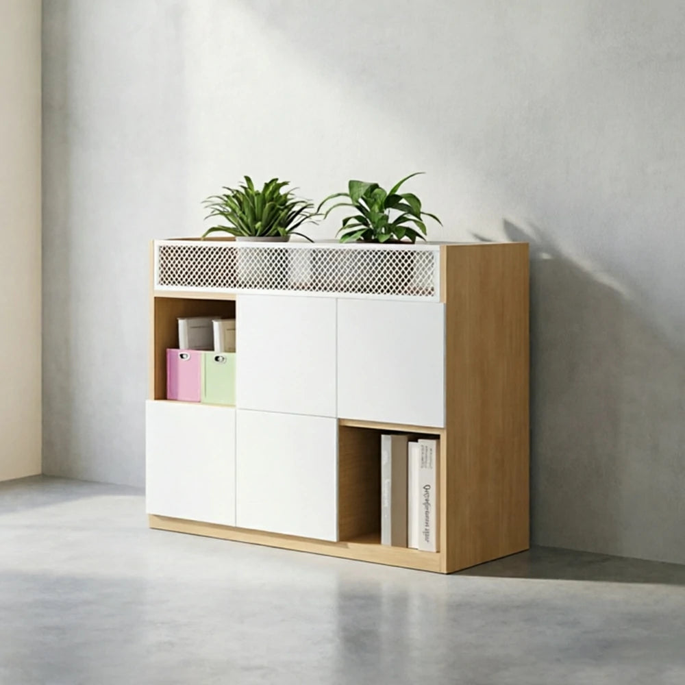 LIVARA Office Storage Cabinet - Planter Top Display Shelf with Lattice Panel - White Oak