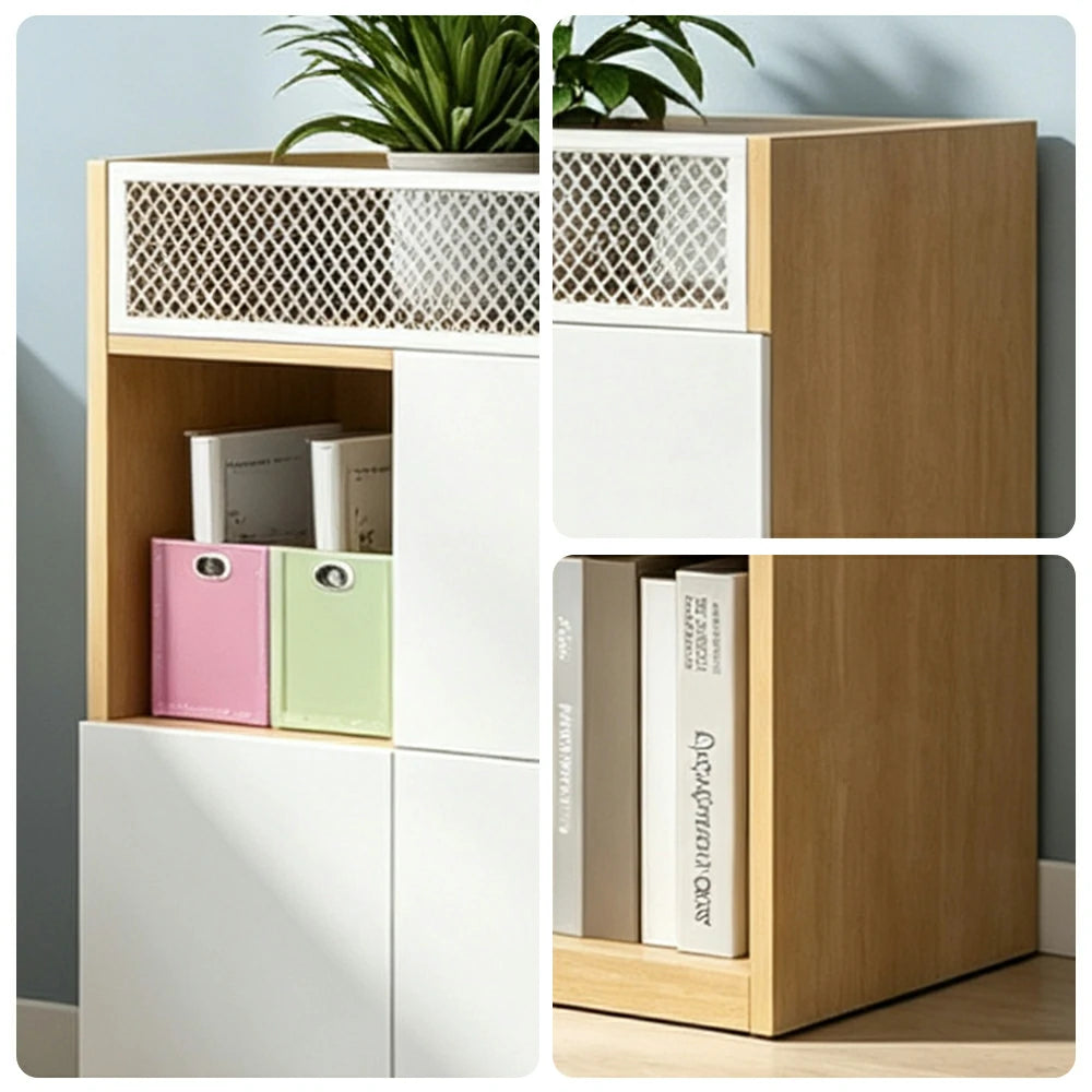 LIVARA Office Storage Cabinet - Planter Top Display Shelf with Lattice Panel - White Oak