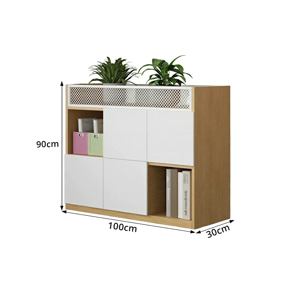 LIVARA Office Storage Cabinet - Planter Top Display Shelf with Lattice Panel - White Oak