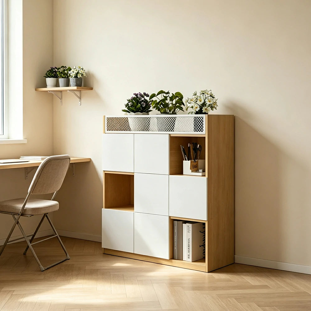LIVARA 3 Tier Office Storage Cabinet - Planter Top Display Shelf with Doors - White Oak