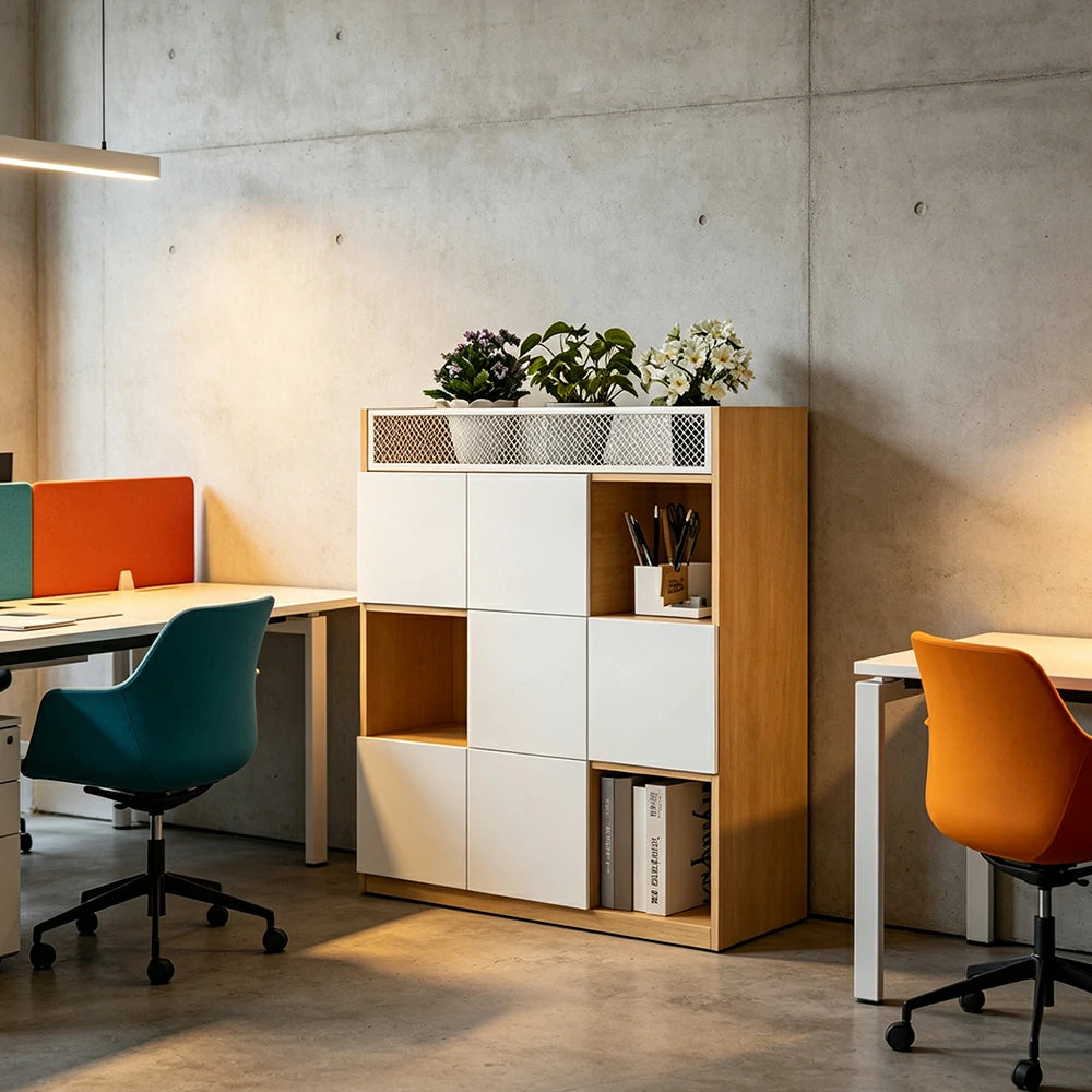 LIVARA 3 Tier Office Storage Cabinet - Planter Top Display Shelf with Doors - White Oak