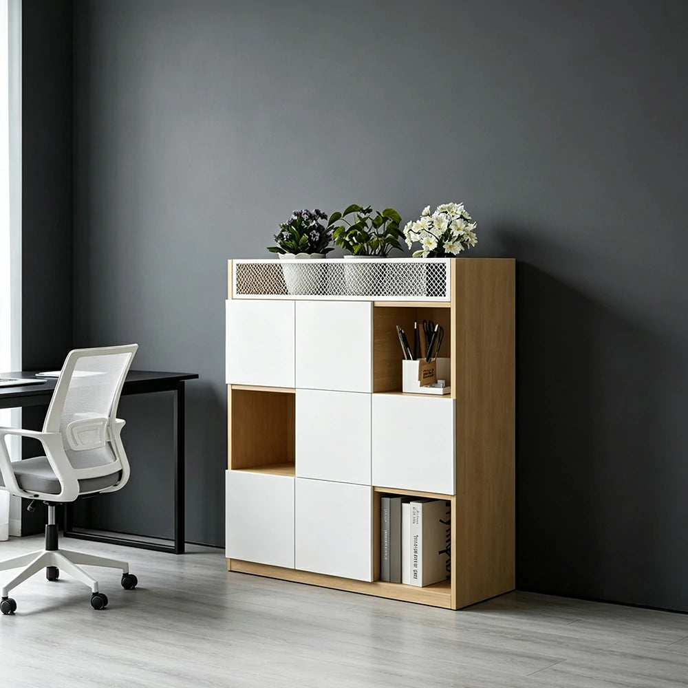 LIVARA 3 Tier Office Storage Cabinet - Planter Top Display Shelf with Doors - White Oak