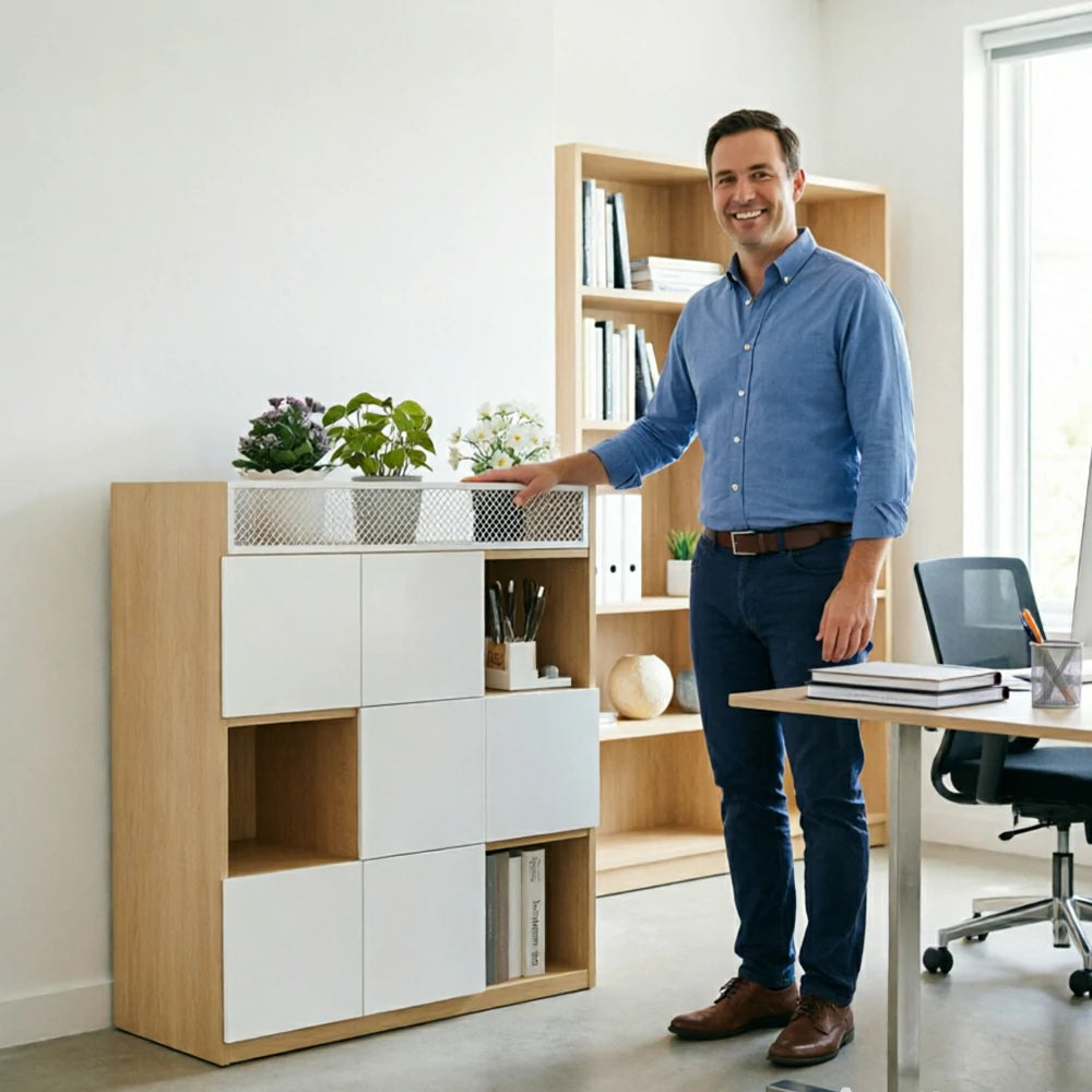 LIVARA 3 Tier Office Storage Cabinet - Planter Top Display Shelf with Doors - White Oak