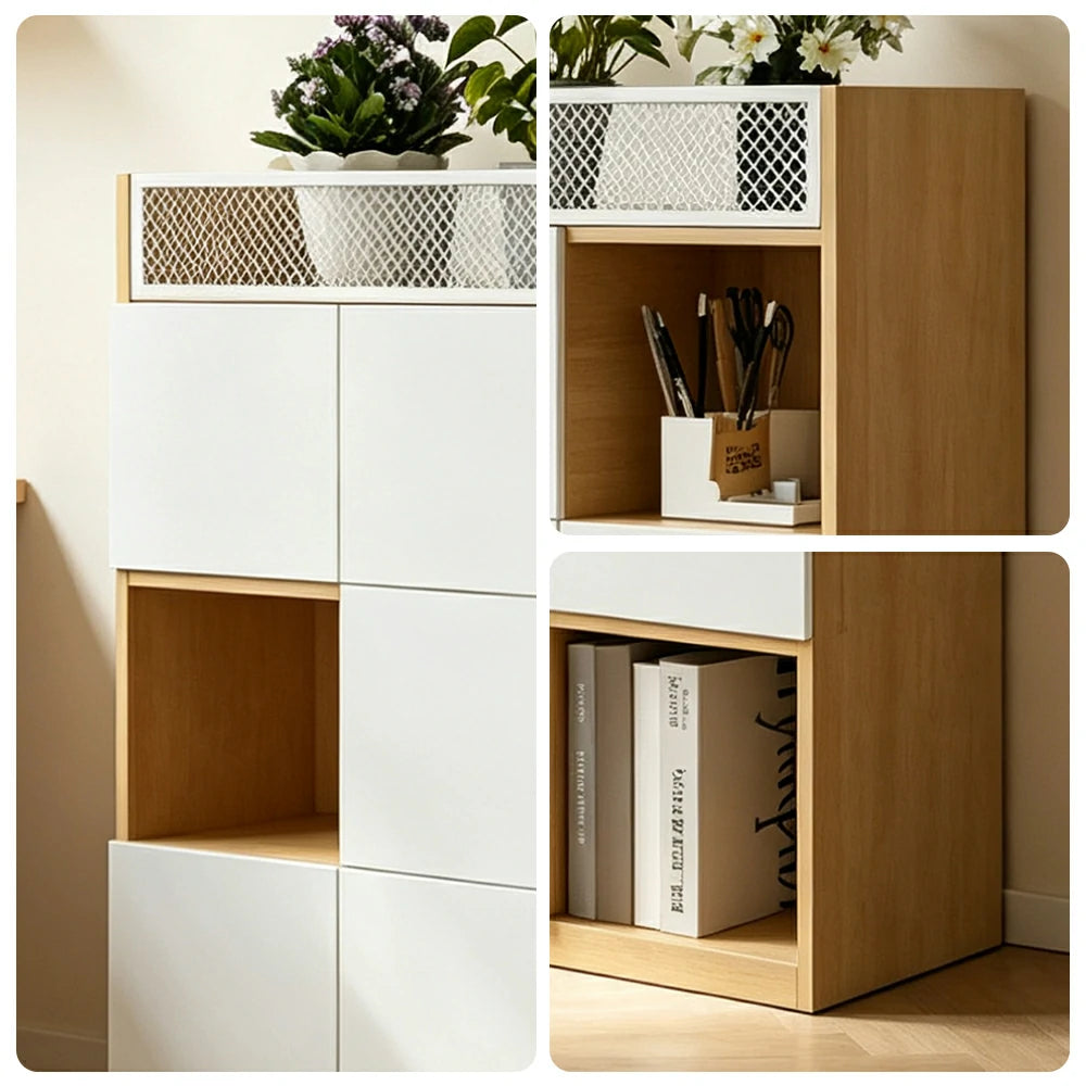 LIVARA 3 Tier Office Storage Cabinet - Planter Top Display Shelf with Doors - White Oak